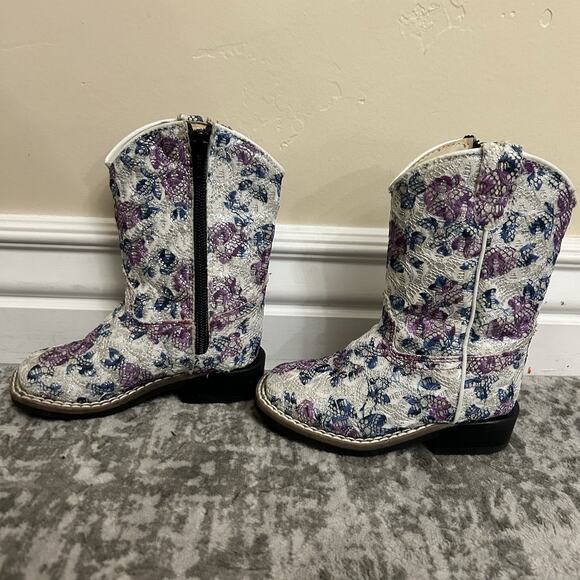 Old West Western Boots Girls Toddler Size 7.0-D Child Floral Sparkle Square Toe - Picture 5 of 12